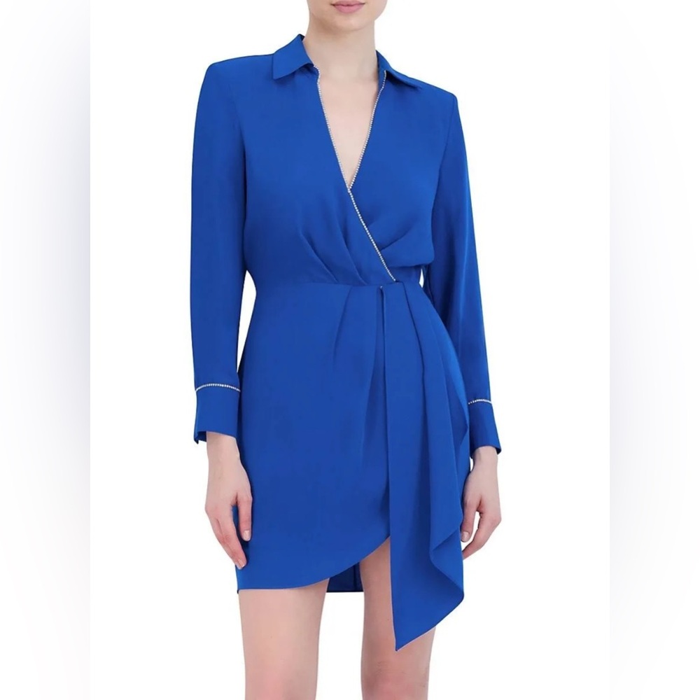 NWT - BCBGMAXAZRIA Blue Faux Wrap Rhinestone Trim Tulip Skirt Mini Dress -Size 6